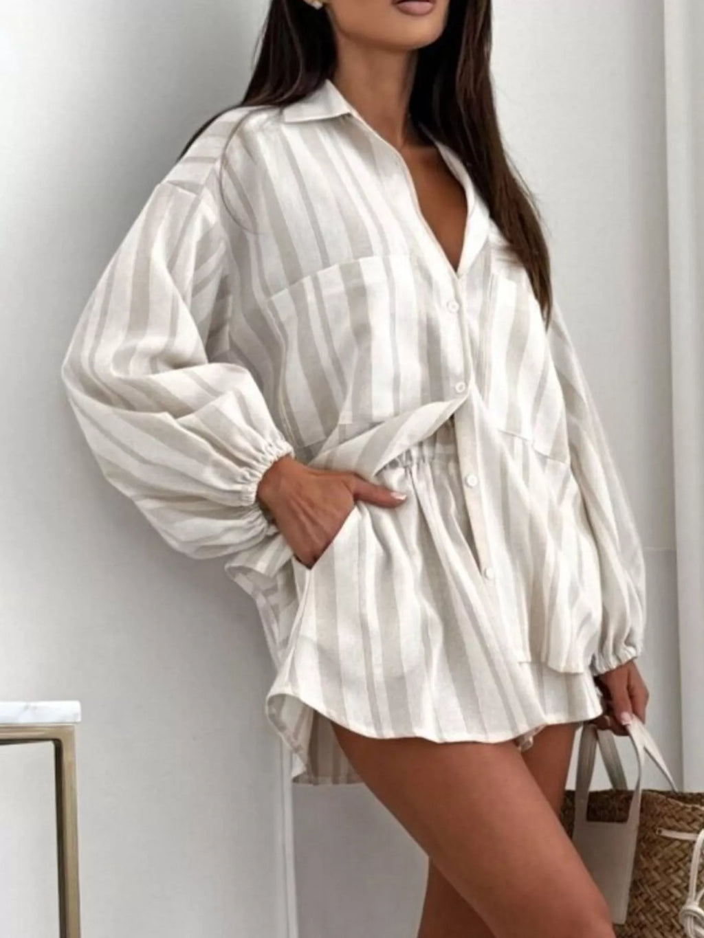 Long Sleeve Shirt and High-Waisted Shorts Set