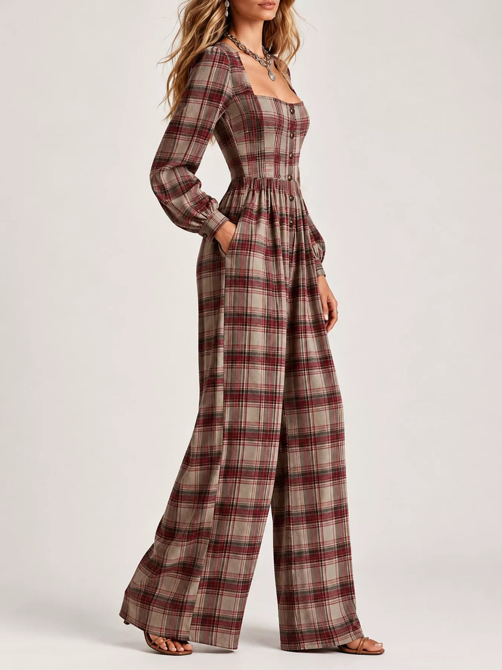 Plaid Square Neck Long Sleeve Wide-Leg Jumpsuit