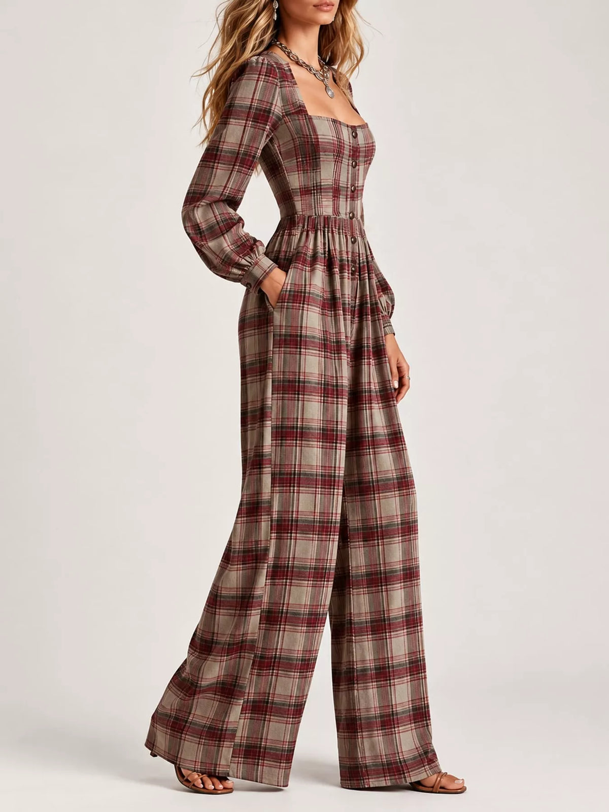 Plaid Square Neck Long Sleeve Wide-Leg Jumpsuit