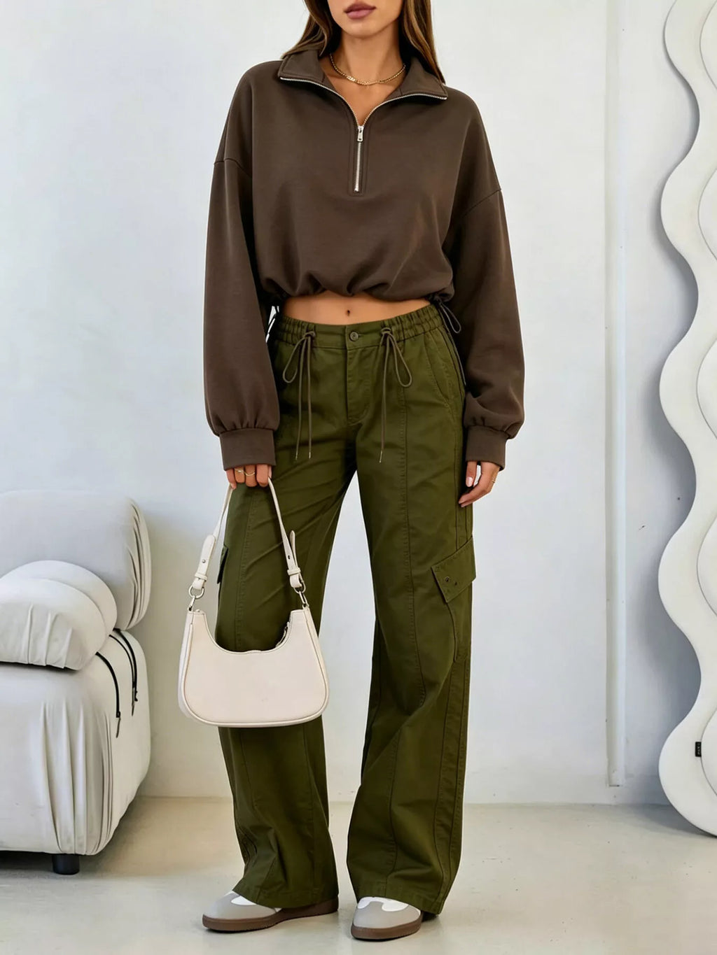 Half Zip Drawstring Hem Sweatshirt