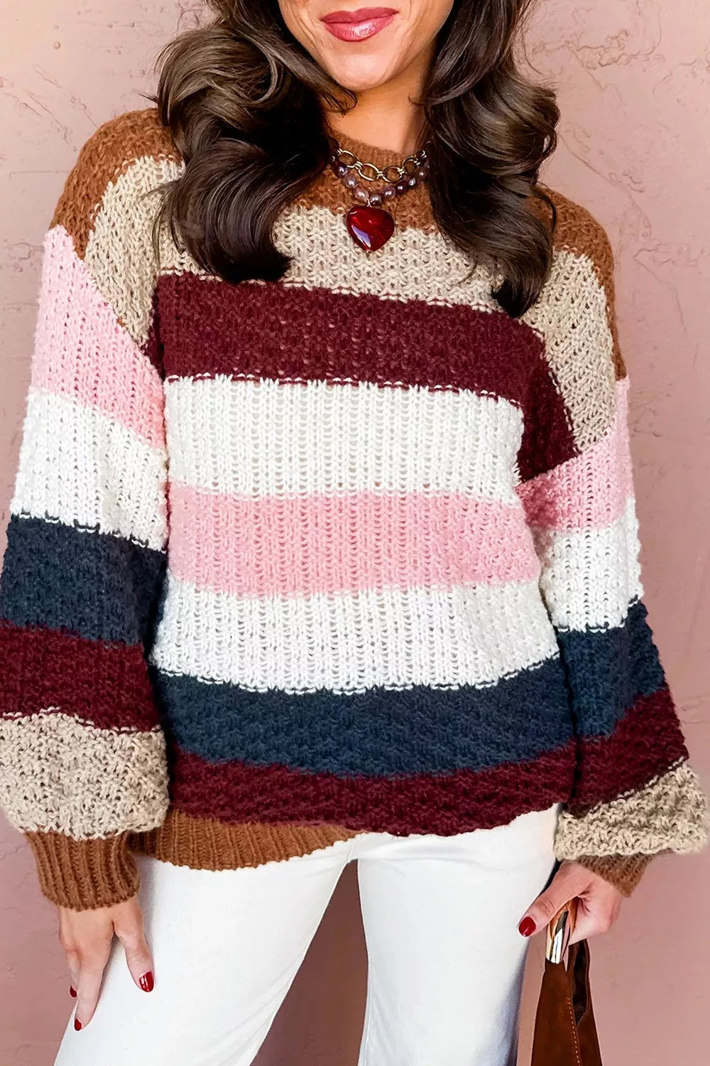 Striped Knit Dropped Shoulder Round Neck Sweater