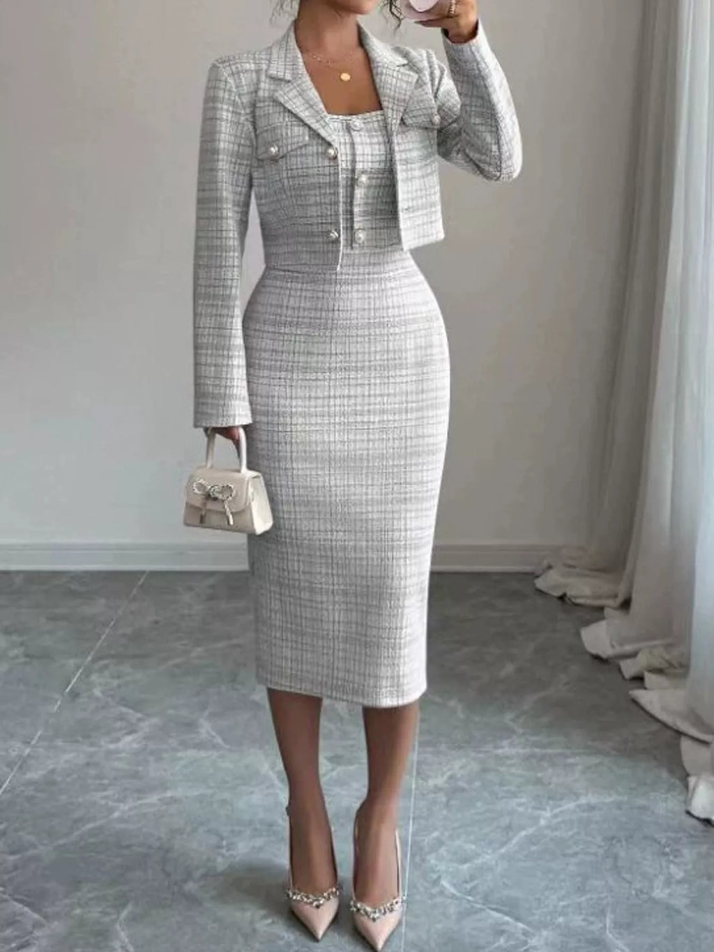 Tweed Square Neck Dress and Cardigan Set