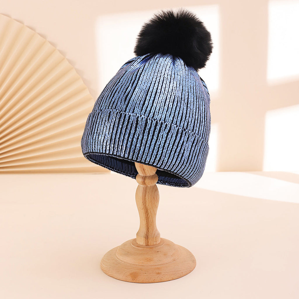 Colorful Stamped Gold Large Wooly Ball Knitted Hood For Autumn Winter With Vertical Stripes And Flared Edges  Warm And Stylish Knitted Hat