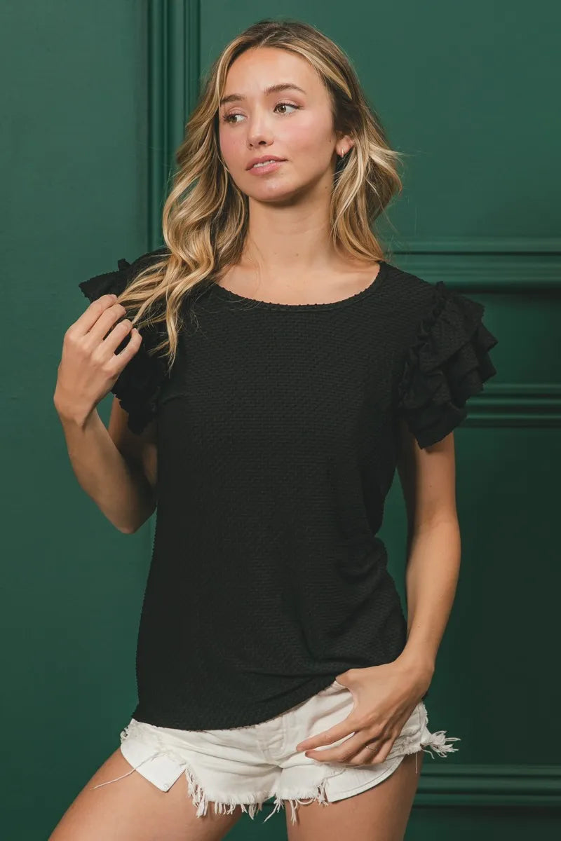 BiBi Birdseye Texture Layered Ruffle Top