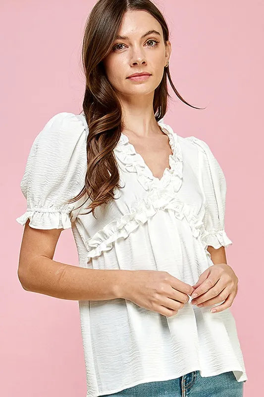 Ruffled Deep V-Neck Puff Sleeve Babydoll Top – Ivory