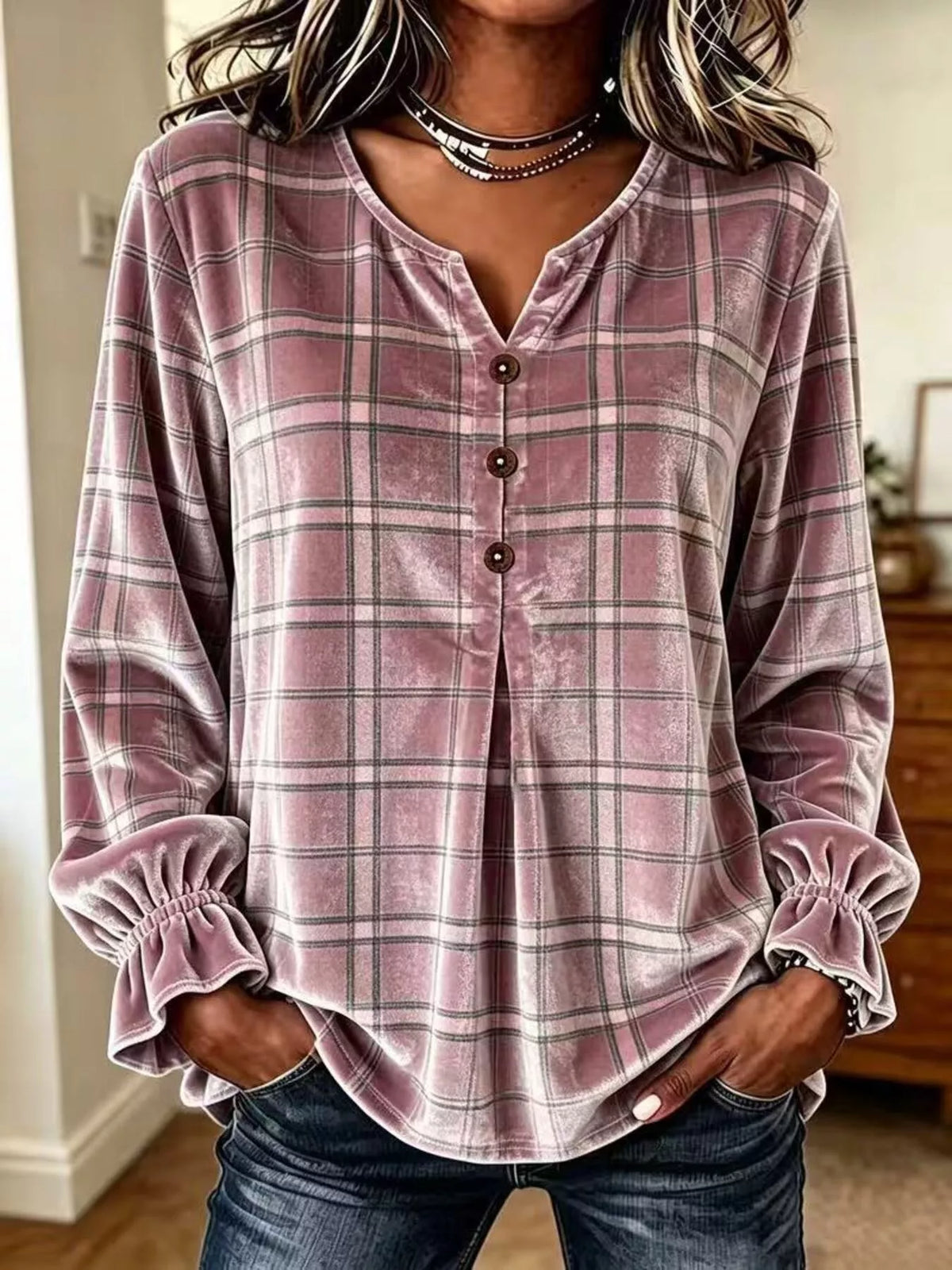 Full Size Plaid Velvet Flounce Sleeve Blouse Plus Size