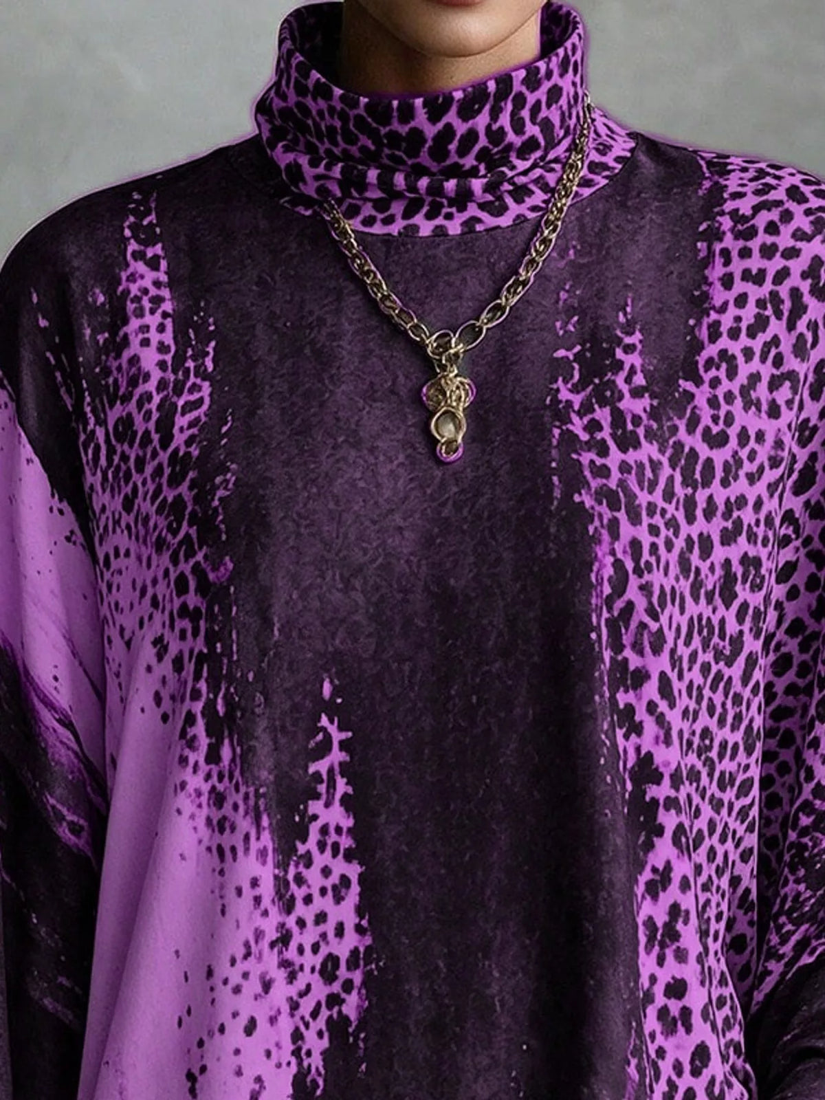 Leopard Print Mock Neck Fringe Hem Mini Dress