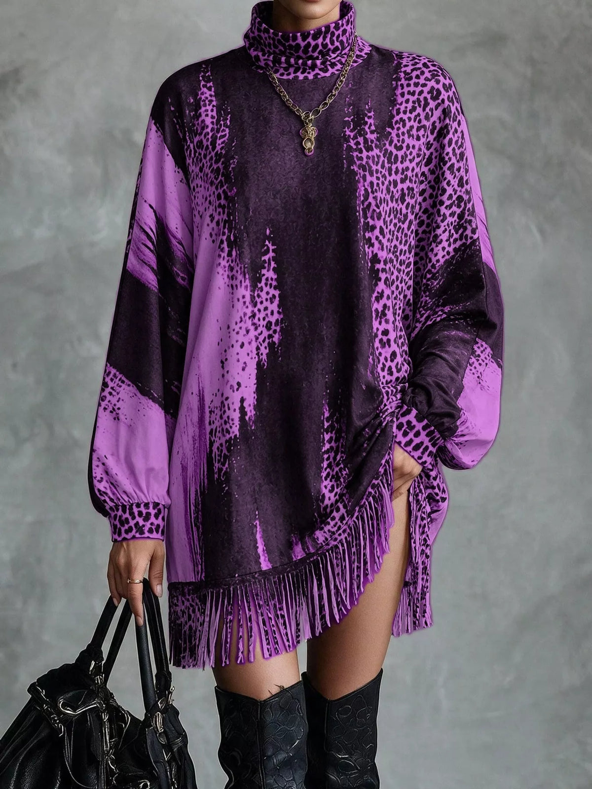 Leopard Print Mock Neck Fringe Hem Mini Dress