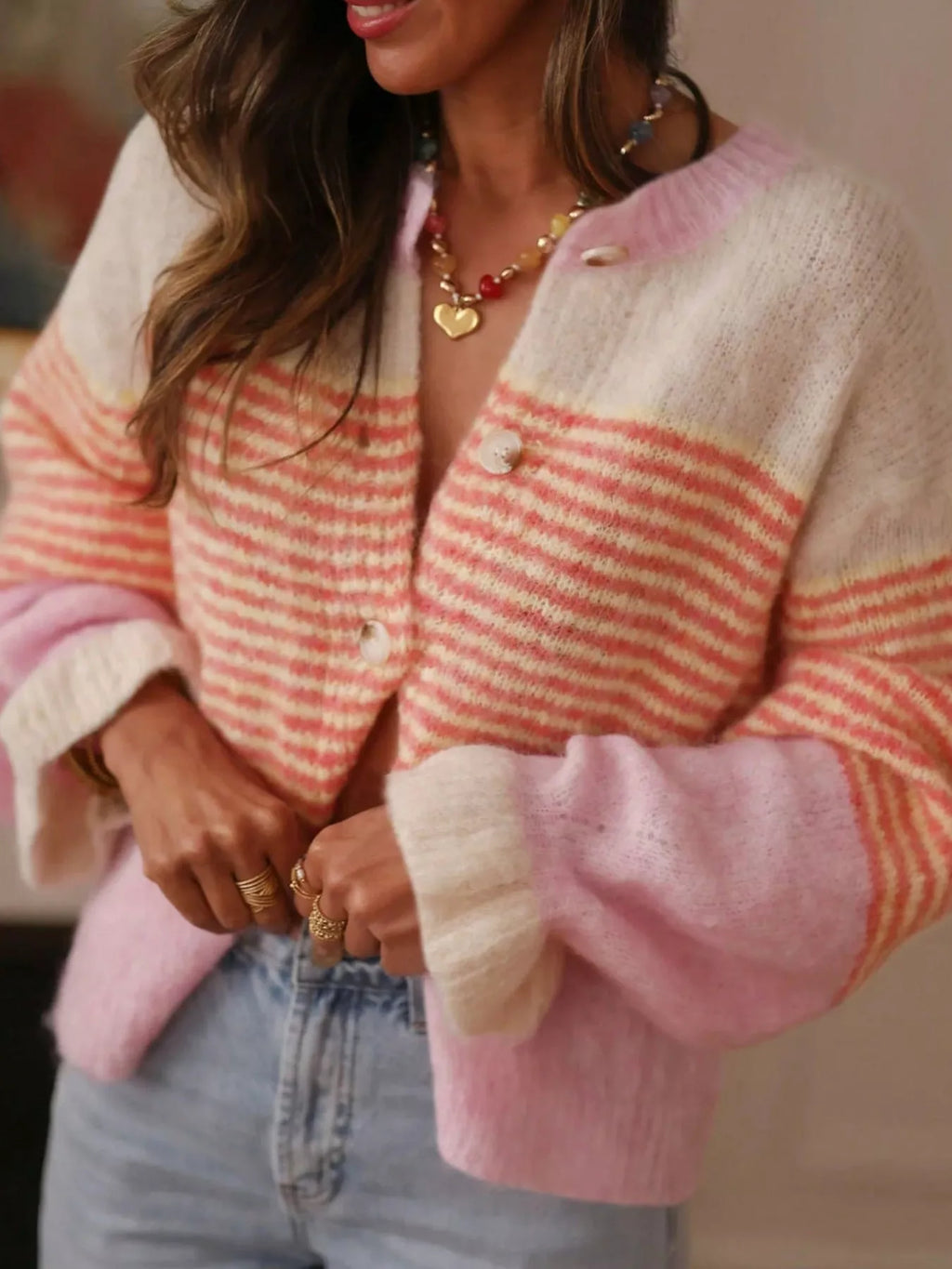 Striped Color-Block Button-Down Cardigan