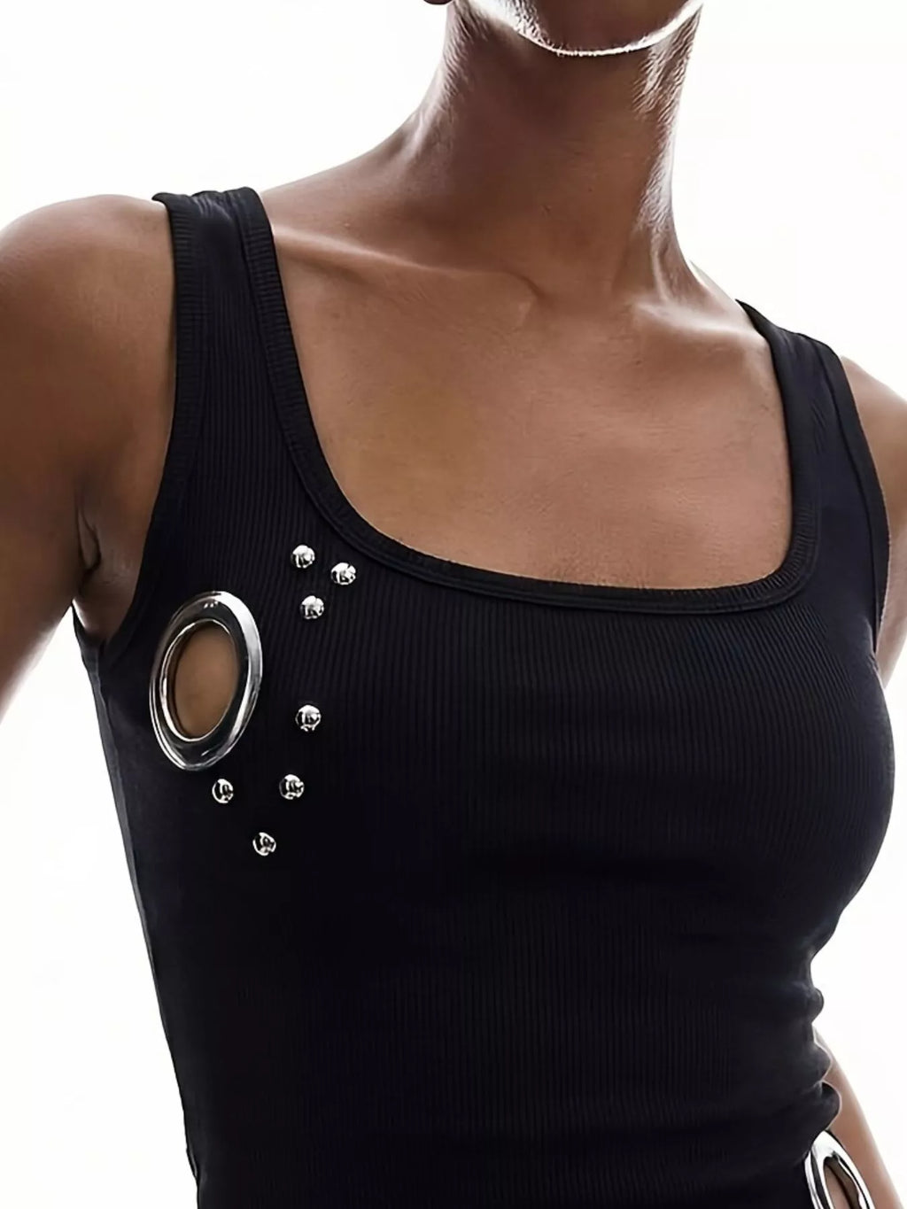 Ribbed Tank Top with Metal Grommet Cutouts and Stud Embellishments