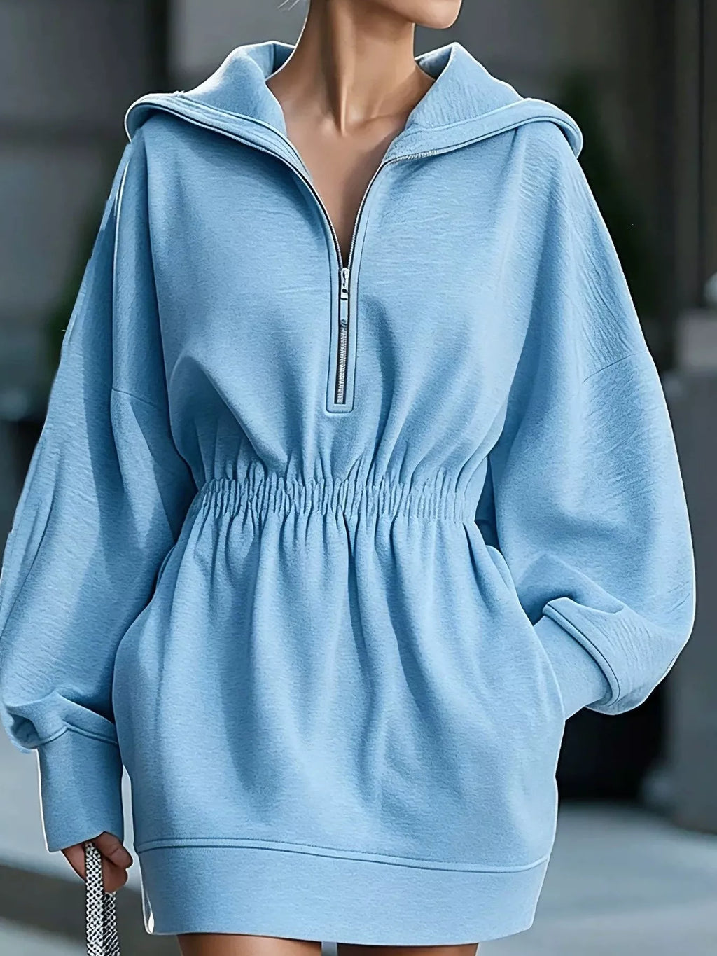 Casual Hooded Quarter-Zip Sweatshirt Dress