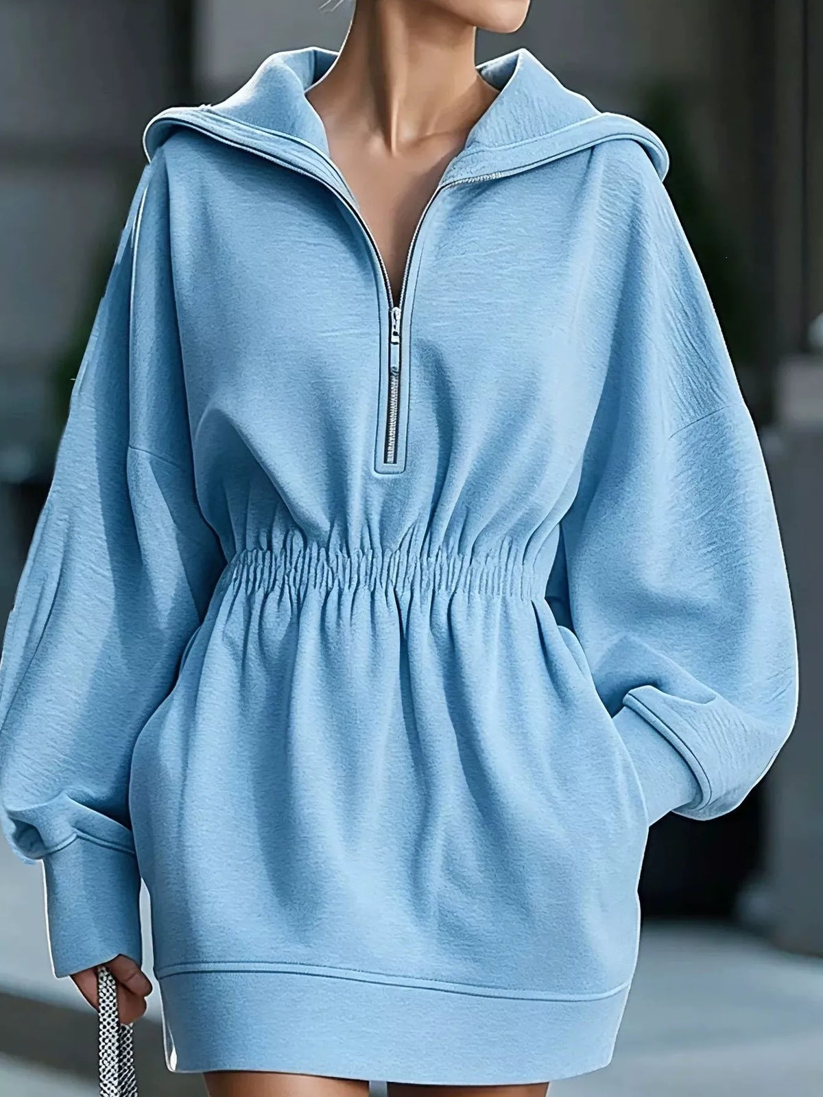 Casual Hooded Quarter-Zip Sweatshirt Dress