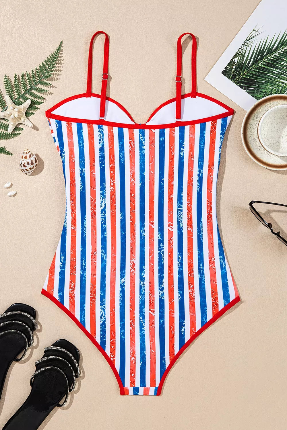 July 4th Stripes Impression Cutout Spaghetti Straps One Piece Swimsuit