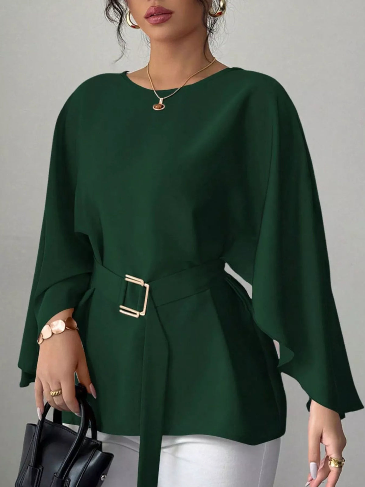 Round Neck Belt Batwing Sleeve Blouse