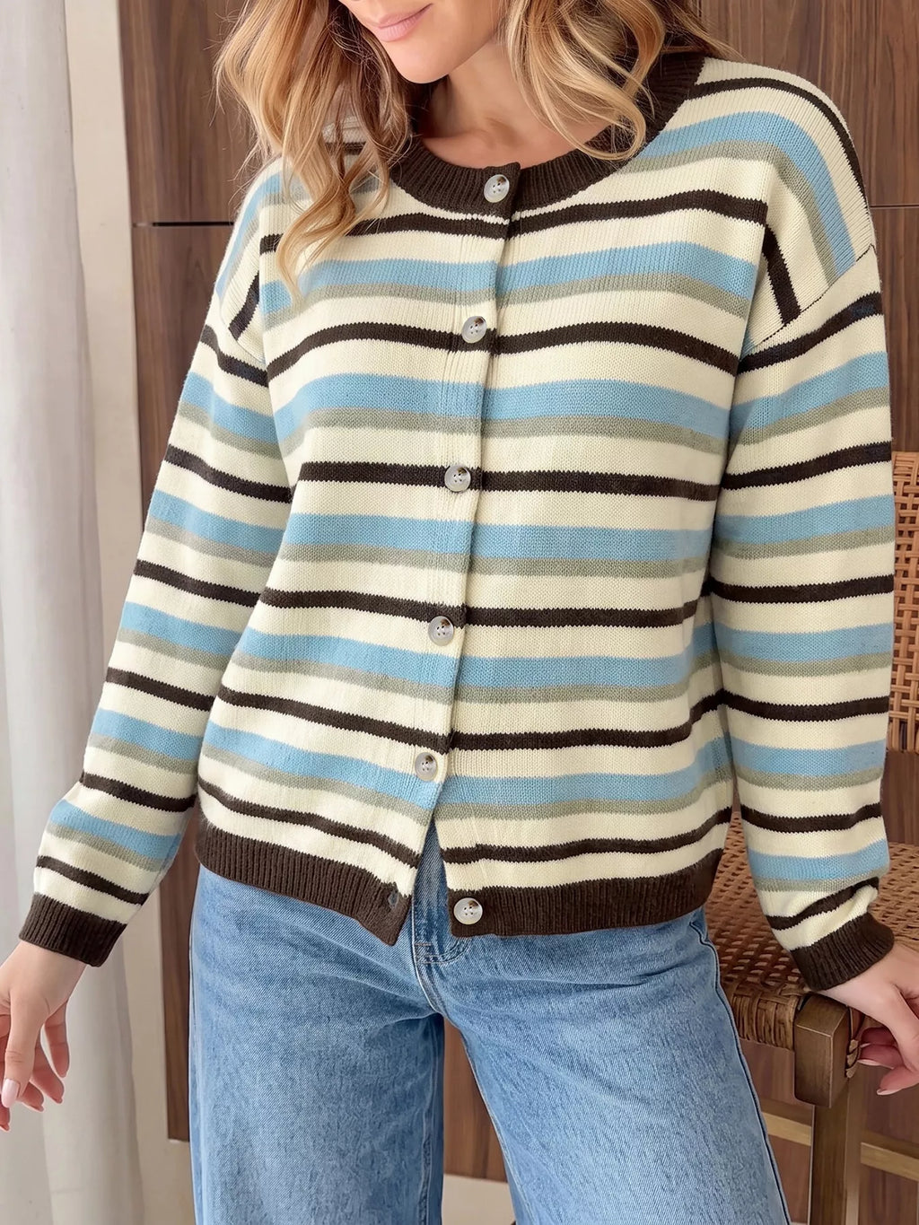 Striped Crew Neck Button-Down Cardigan