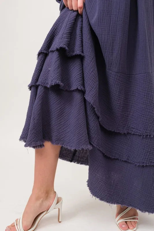 And The Why Washed Cotton Gauze Fringe Detail Tiered Dress