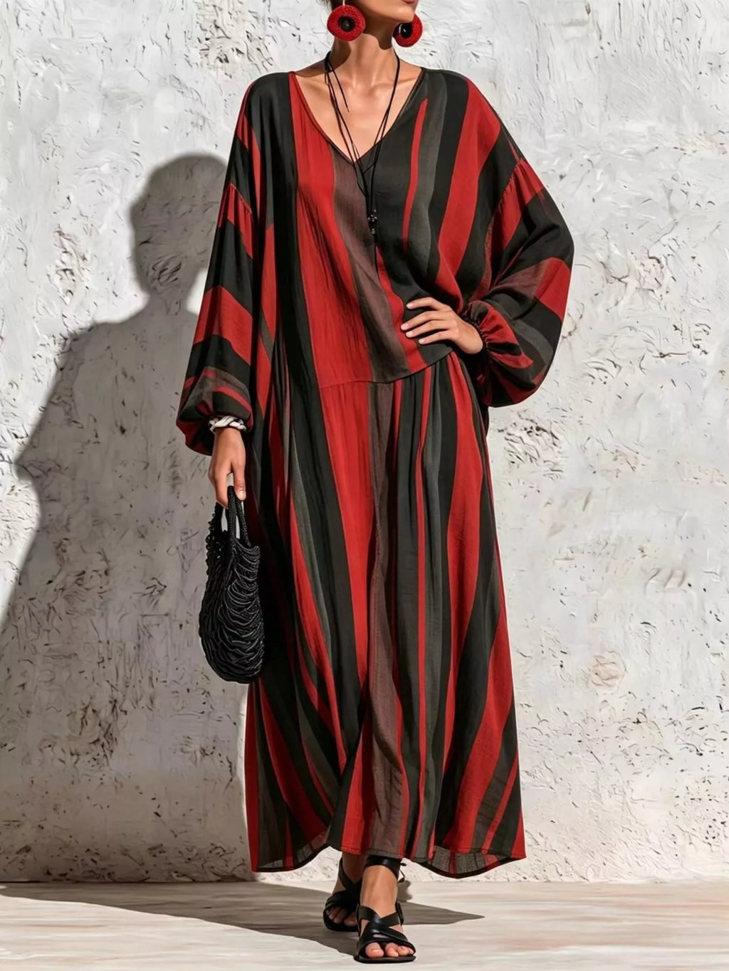 Bohemian Striped V-Neck Loose Top and Wide Leg Pants Set