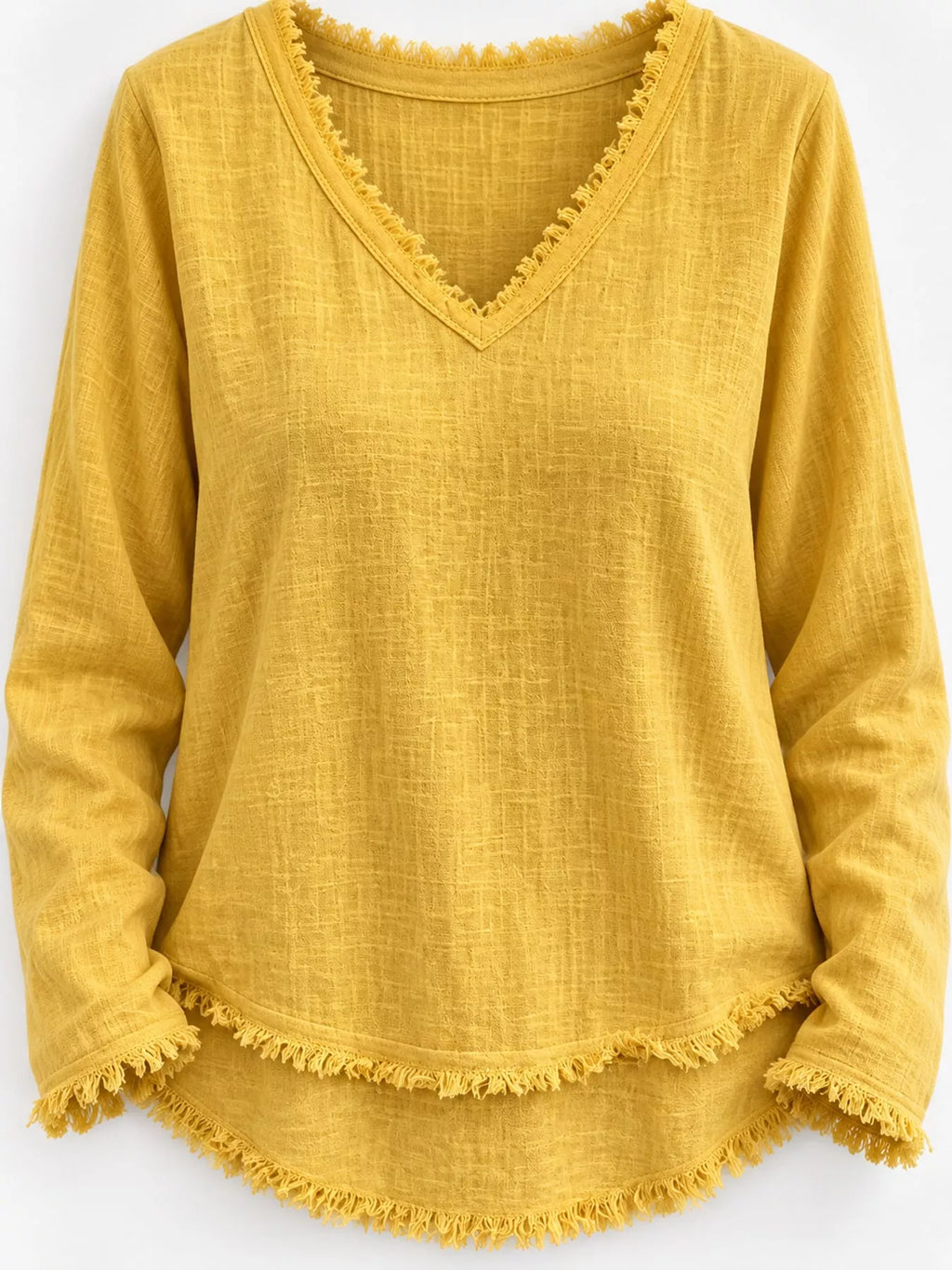 Full Size Frayed Hem V-Neck Long Sleeve Blouse Plus Size