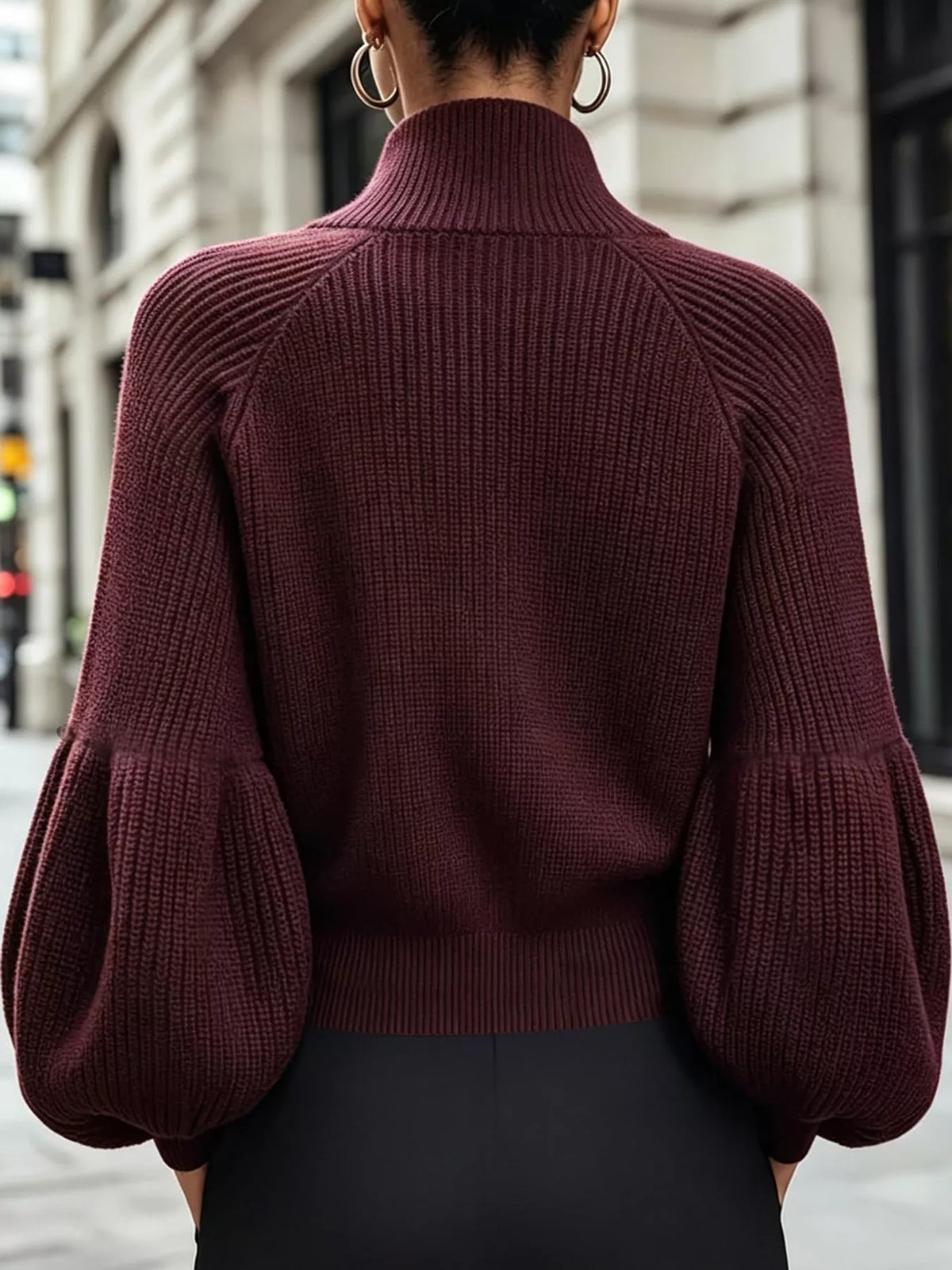 Ribbed Knit Zip-Up Cardigan with Lantern Sleeves