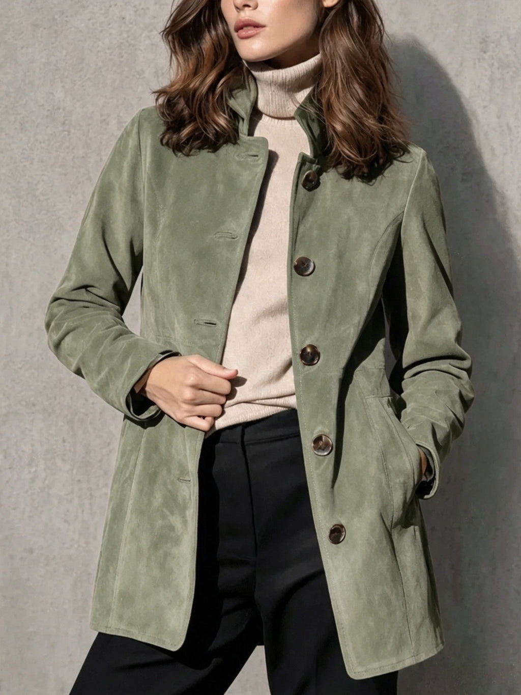 Suede Mid-length Loose-fit Casual Womens Jacket