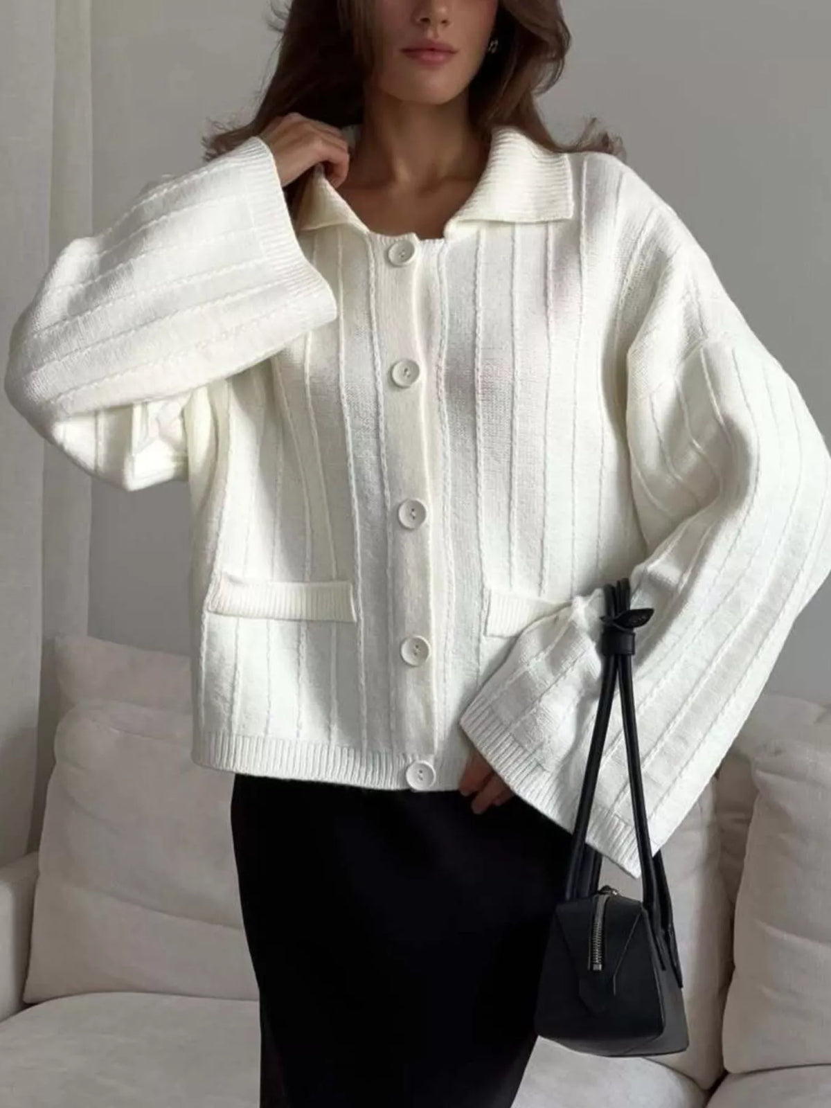 Texture Knit Cardigan with Wide Sleeves and Collar