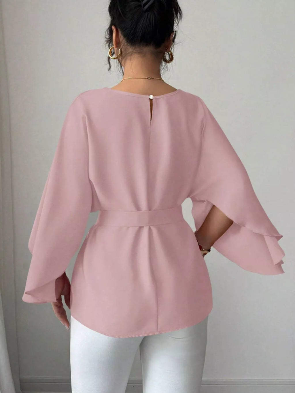 Round Neck Belt Batwing Sleeve Blouse