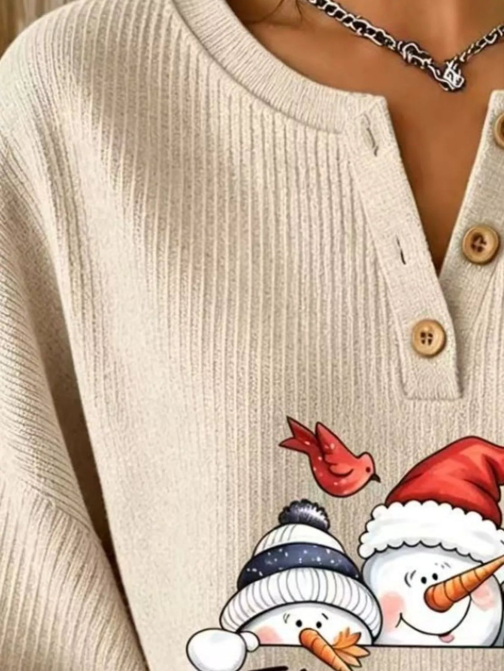 Full Size Christmas Themed Snowman Graphic Ribbed Henley Sweatshirt Plus Size