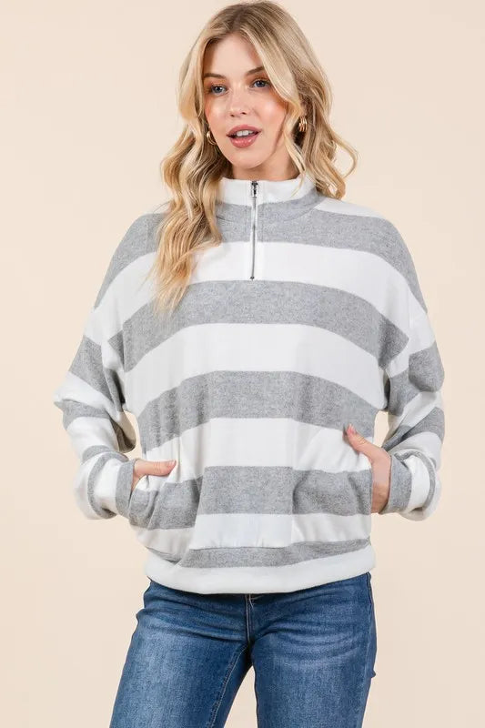 Striped Quarter-Zip Sweatshirt with Drop Shoulders
