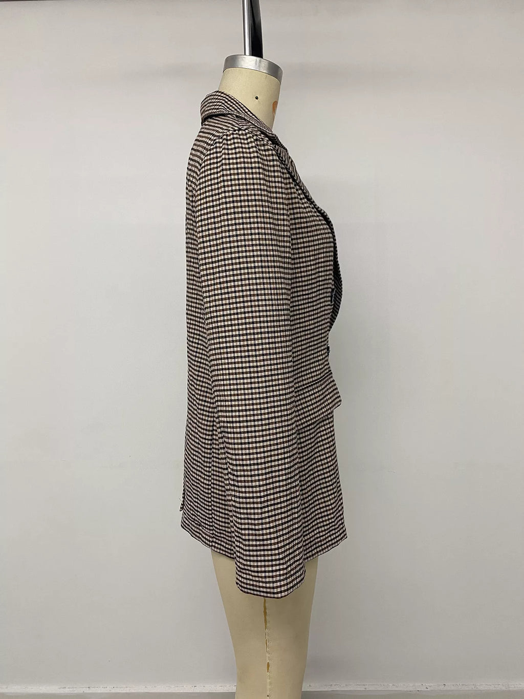 Plaid Lapel Collar Double-Breasted Blazer