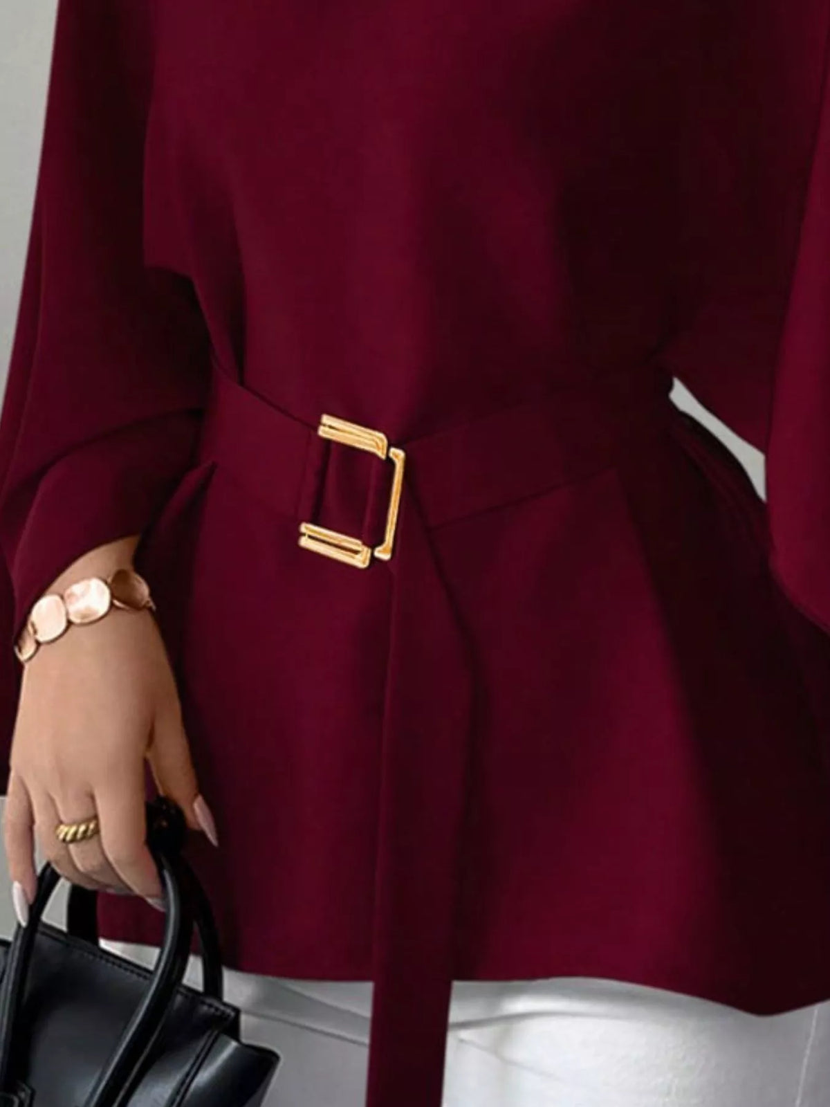 Round Neck Belt Batwing Sleeve Blouse