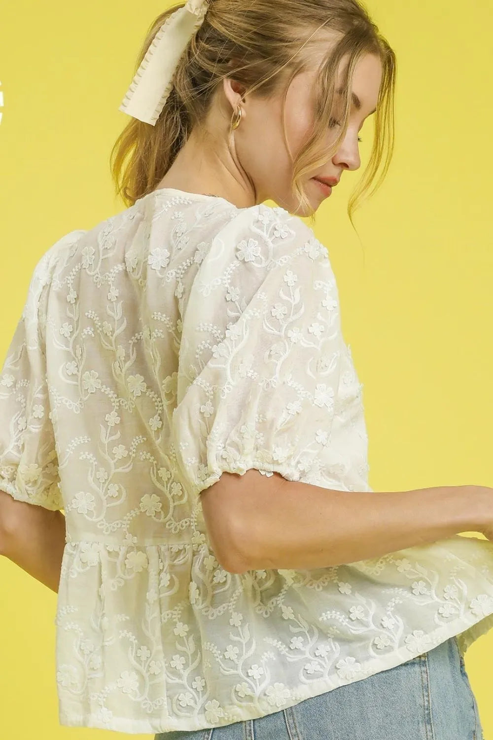 Umgee Embroidered Tie Front Peplum Blouse