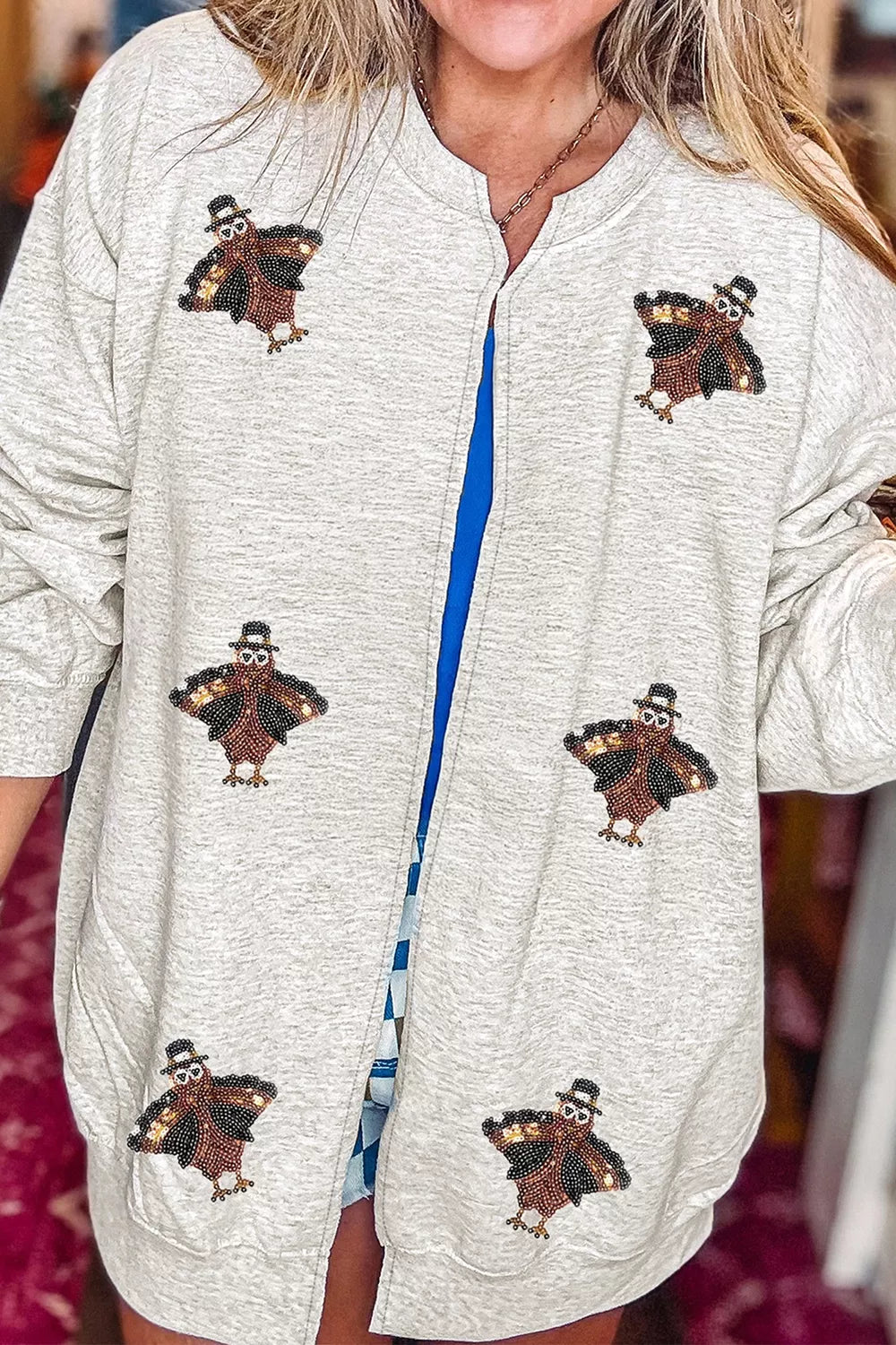 Sequin Turkey Graphic Casual Pocketed Open Front Sweatshirt
