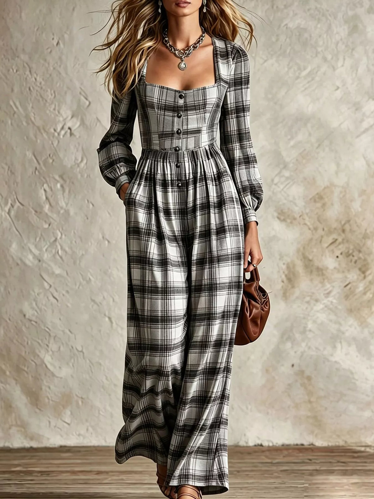 Plaid Square Neck Long Sleeve Wide-Leg Jumpsuit