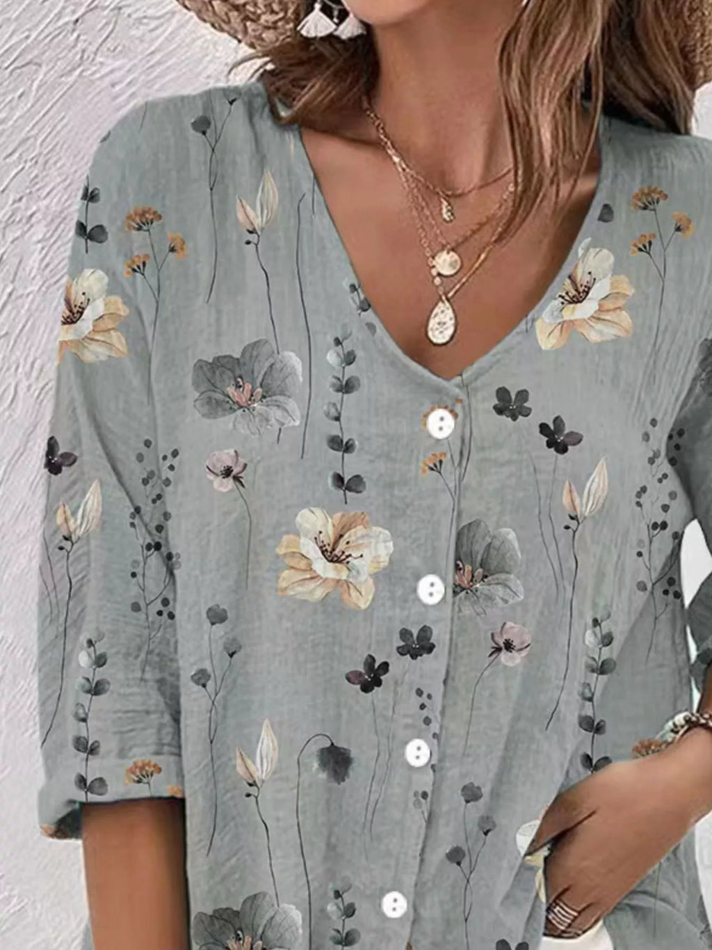 Floral Print V-Neck Button-Down Shirt