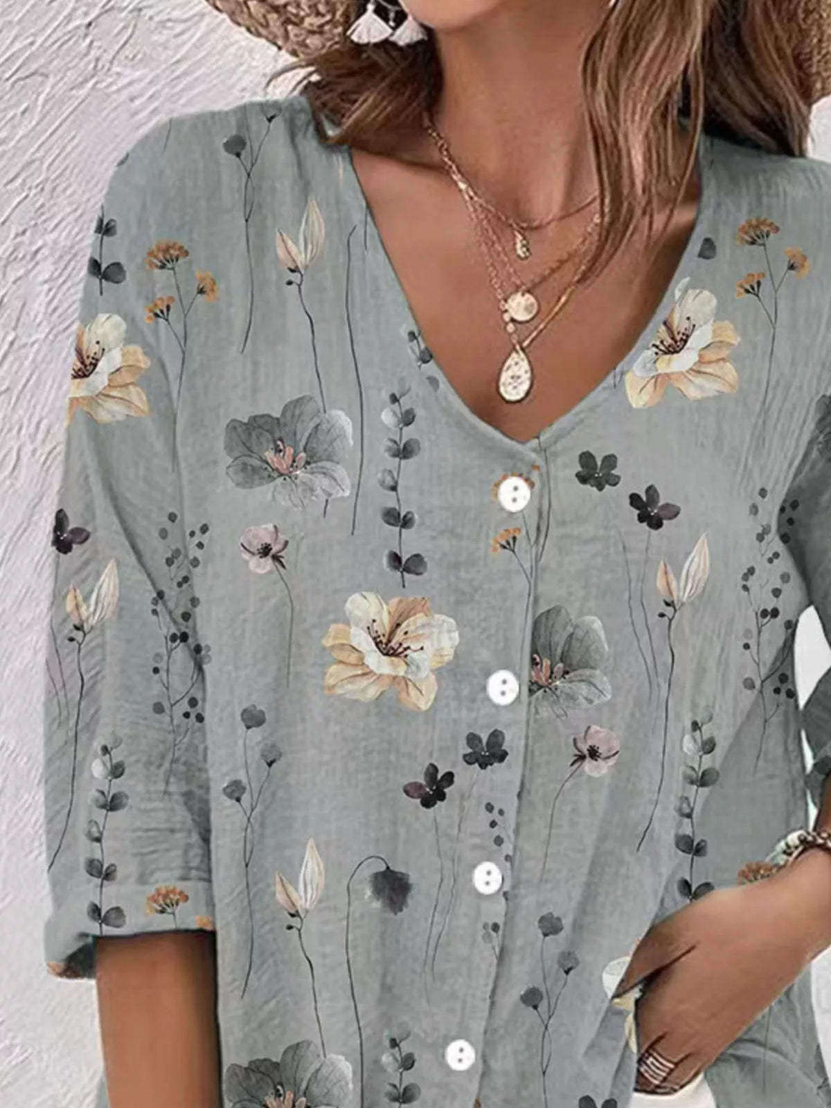 Floral Print V-Neck Button-Down Shirt
