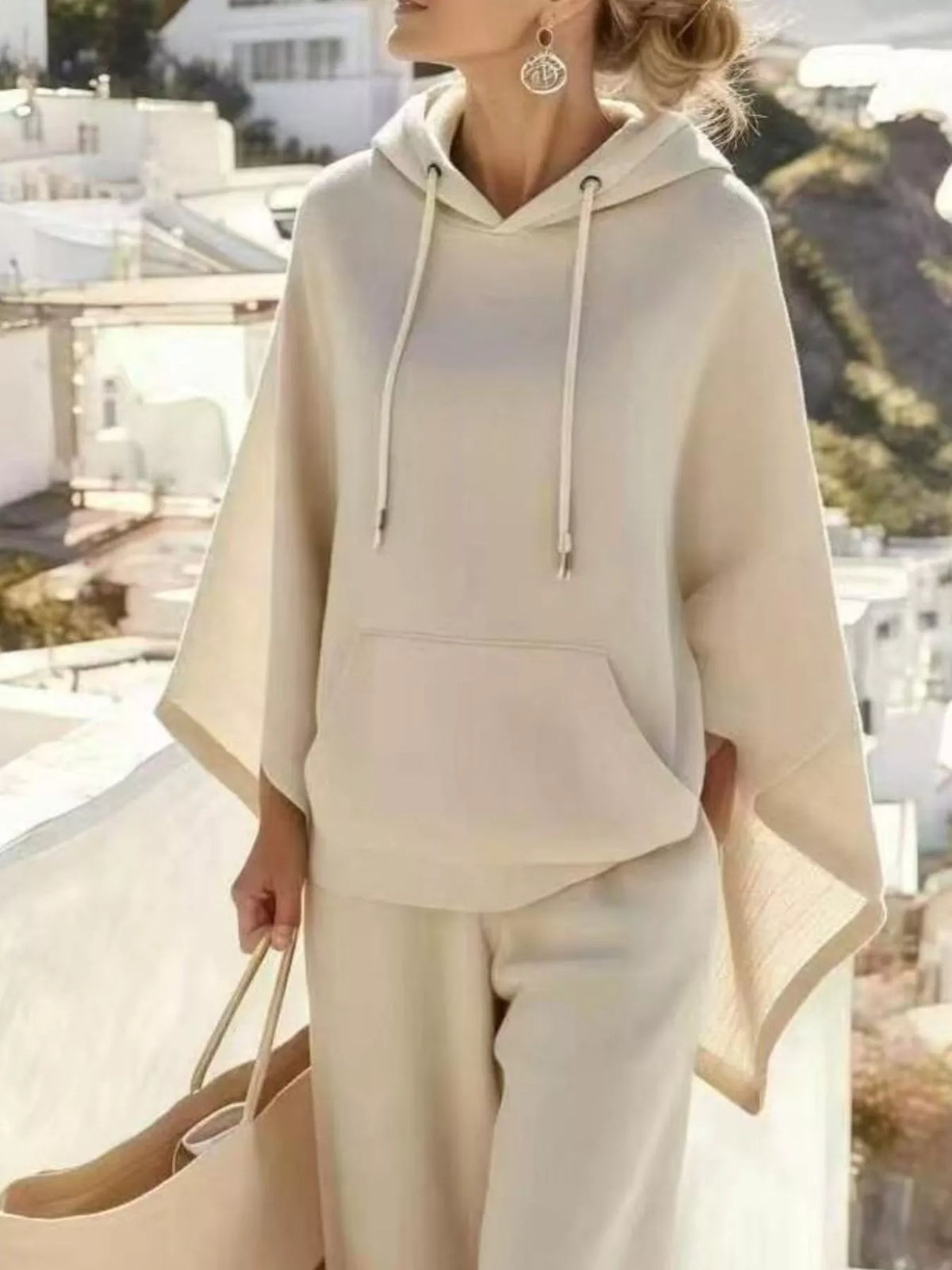 Hooded Poncho and Wide-Leg Pants Set
