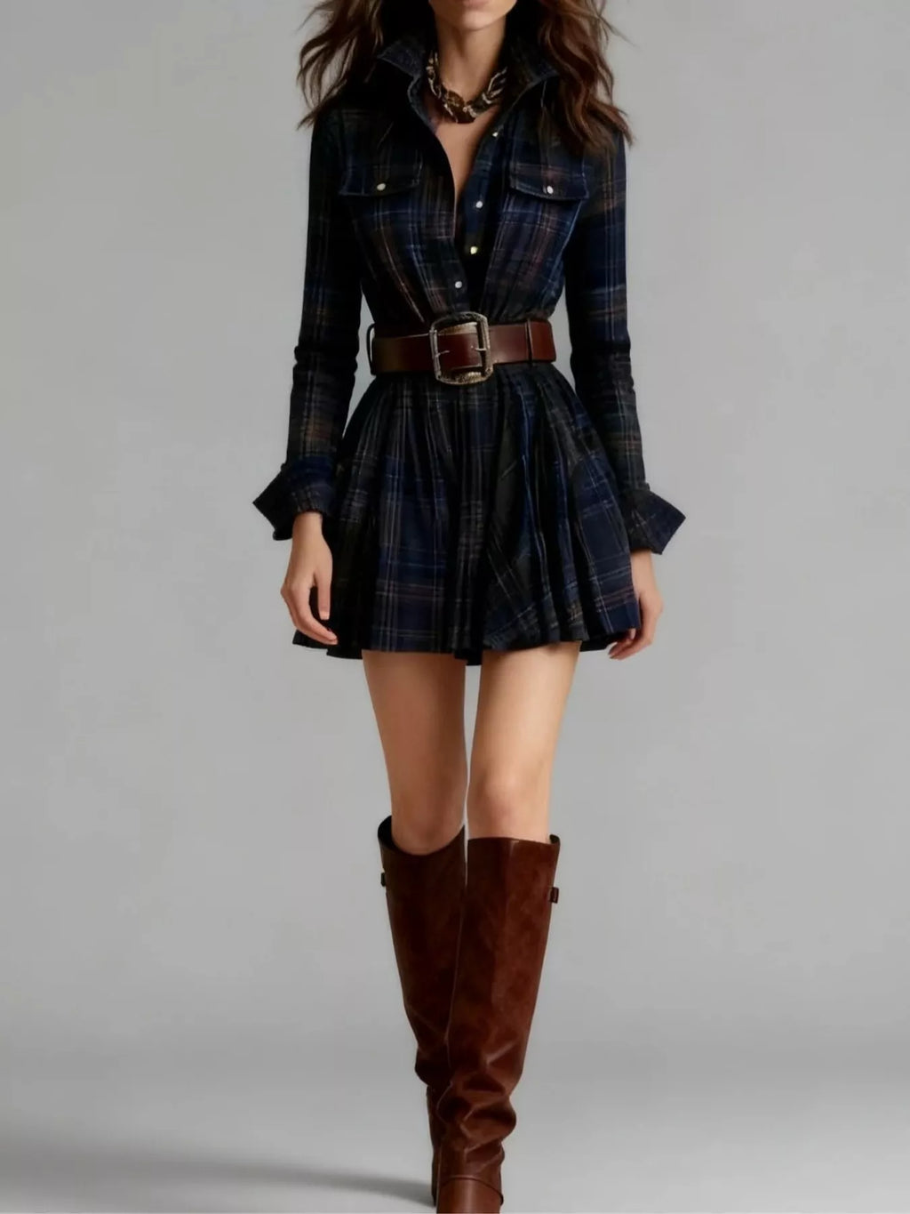 Plaid Long-Sleeve Shirt Dress