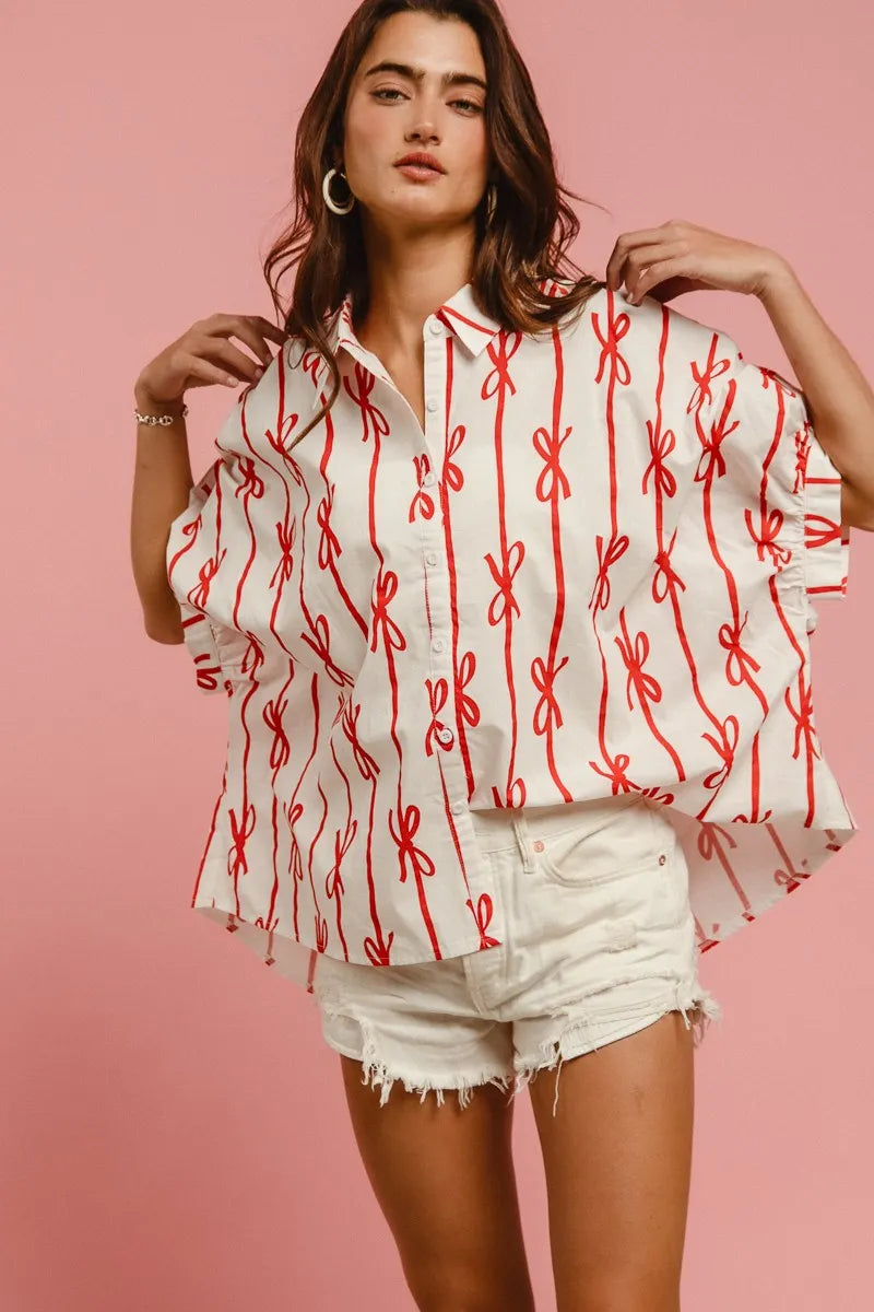 BiBi Bow Ribbon Woven Printed Button Down Shirt