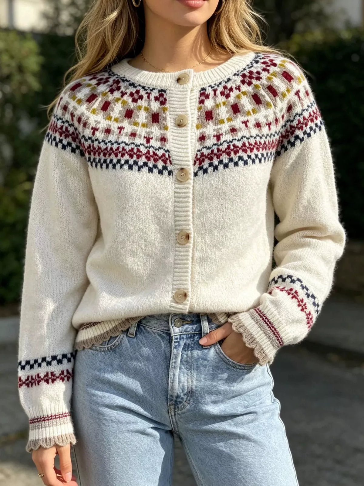 Fair Isle Patterned Button-Down Knit Cardigan