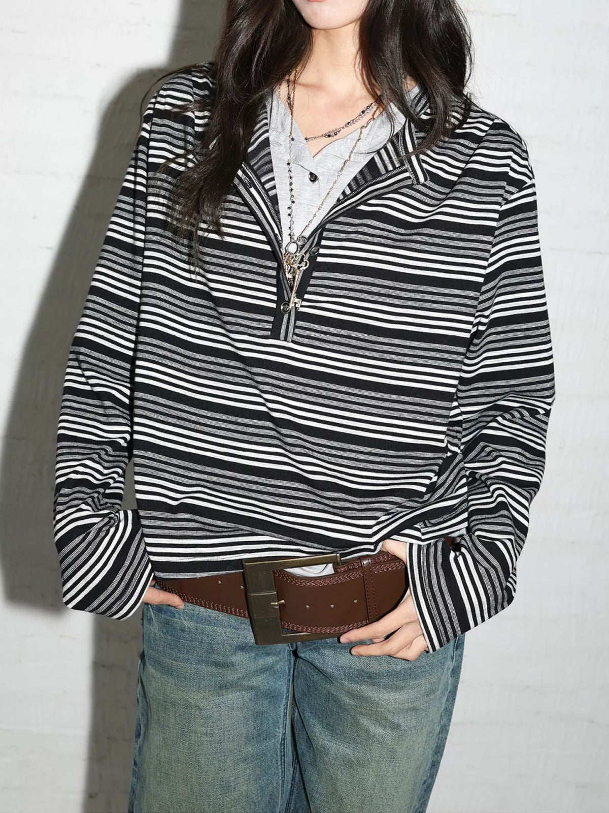 Vintage Striped Long-Sleeve Quarter-Zip T-Shirt