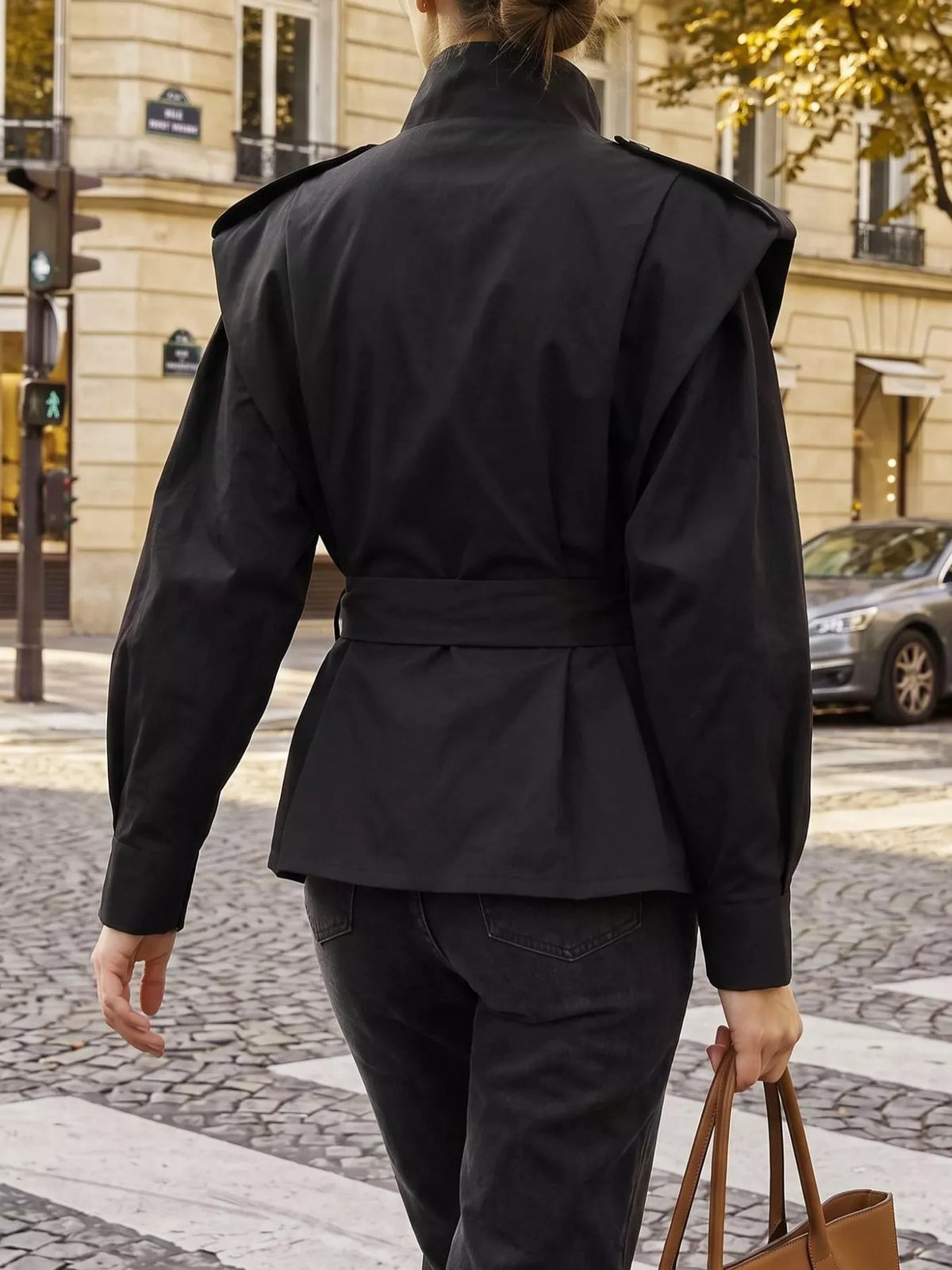 Stand-Collar Belted Outerwear