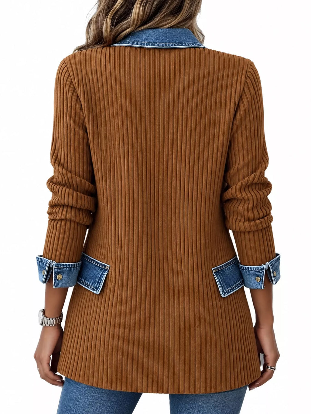 Full Size Denim Trim Ribbed Knit Cardigan Plus Size