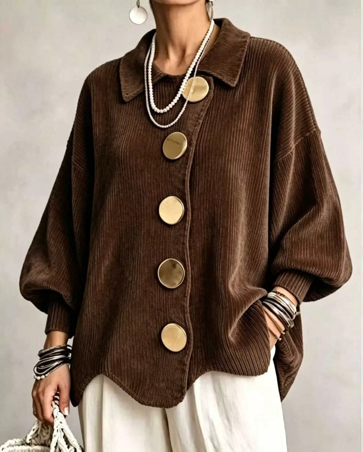 Full Size Ribbed Knit Gold Buttons Cardigan Plus Size