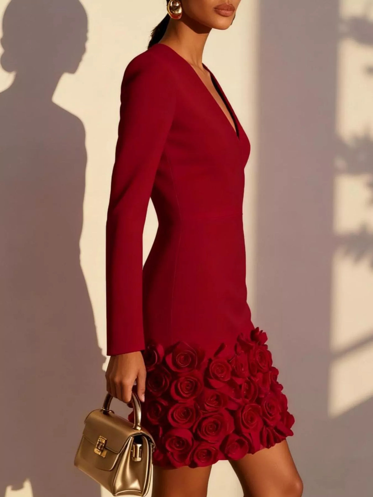 V-Neck Long Sleeve Mini Dress with 3D Rose Floral Hem