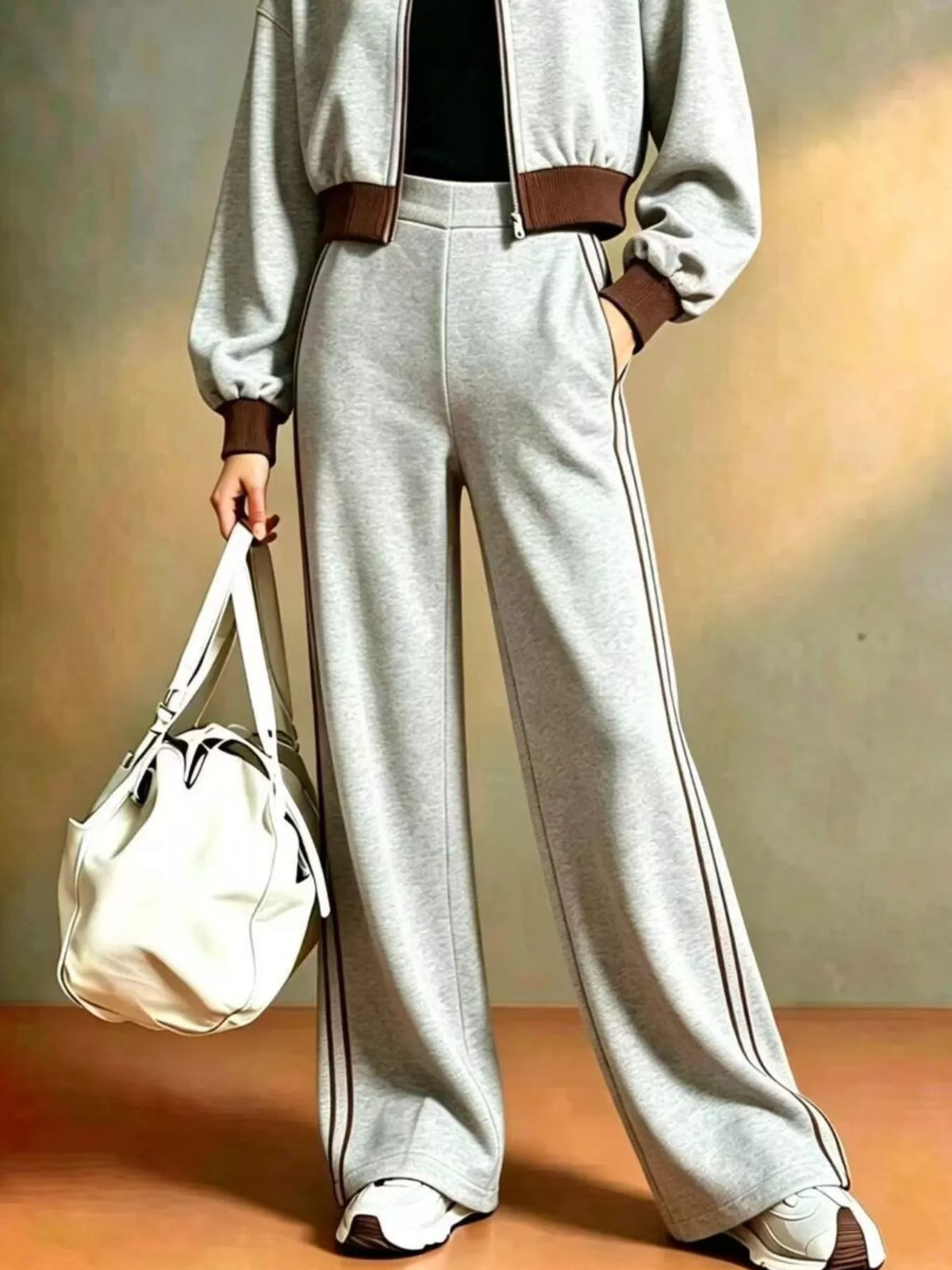Contrast Ribbed Jacket and Wide-Leg Pants Tracksuit Set