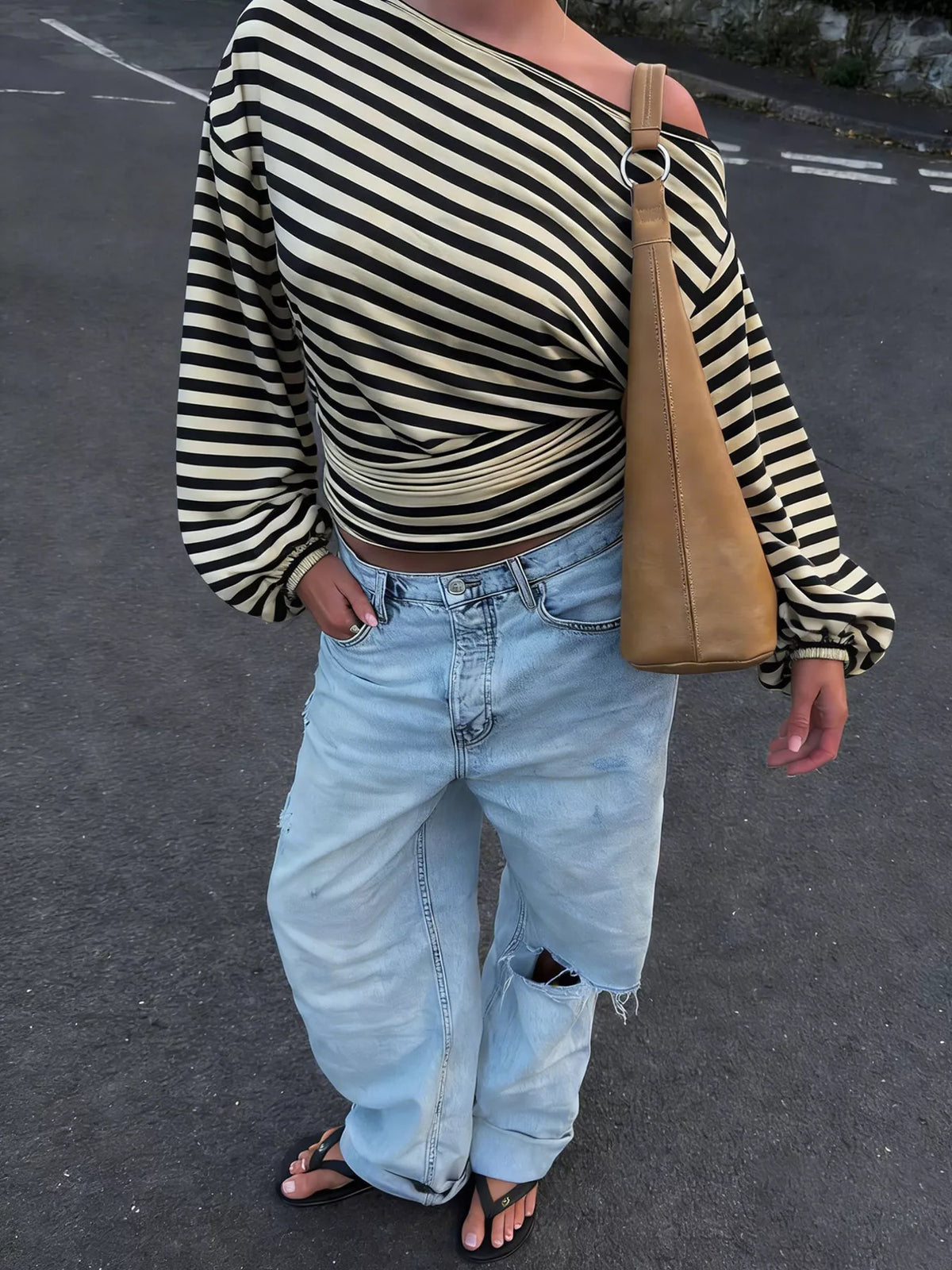 One Shoulder Striped Long Sleeve Slim-Fit T-Shirt