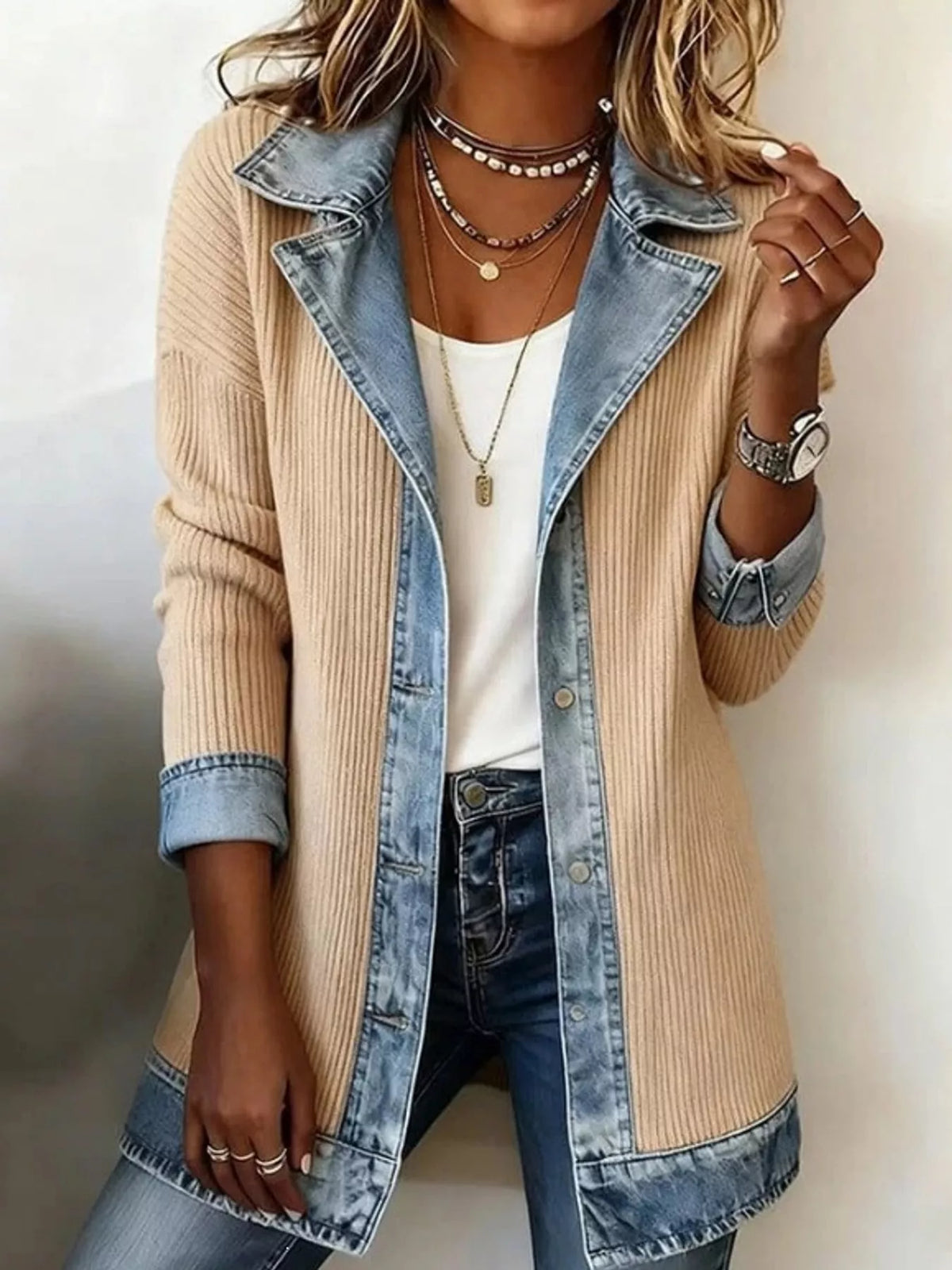 Full Size Denim Trim Ribbed Knit Cardigan Plus Size