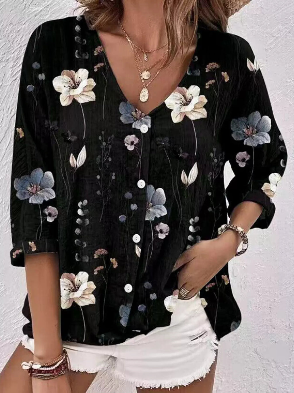 Floral Print V-Neck Button-Down Shirt