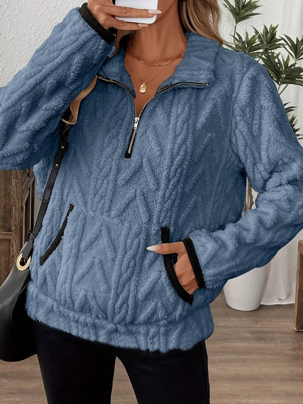 Full Size Quarter-Zip Sherpa Sweatshirt Plus Size