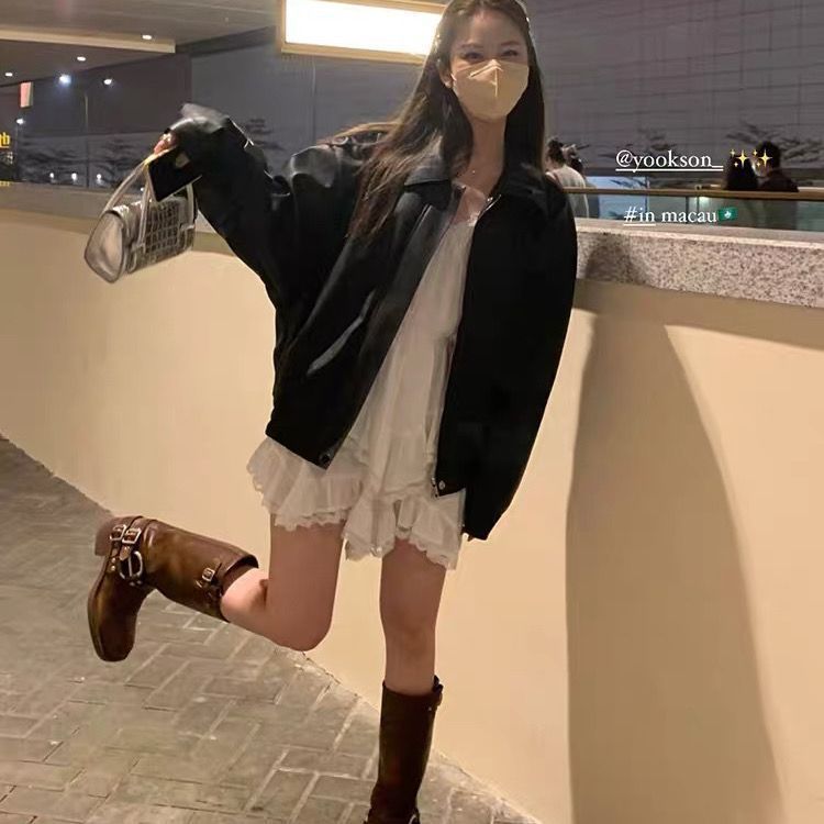 American-style Vintage Leather Jacket Women's Short